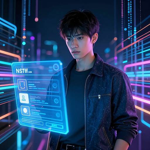 Neon-lit cyber cityscape photograph of a young Asian man with short black hair, wearing a black jacket, holding a glowing blue holographic interface