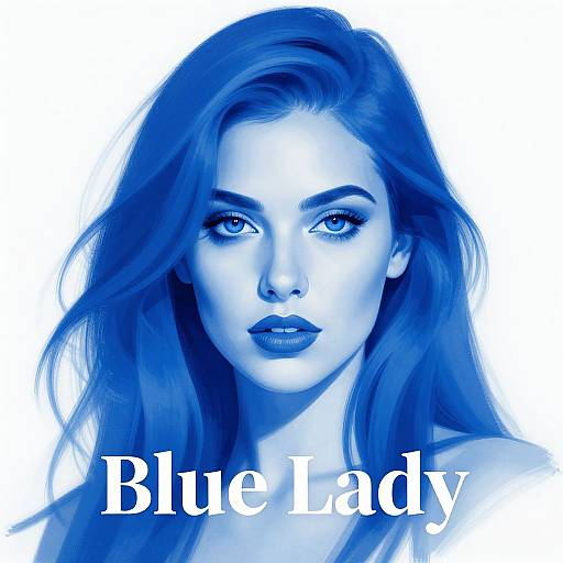 Photograph-style digital portrait of a blue-tinted woman with long hair, striking blue eyes, and bold lips, with 