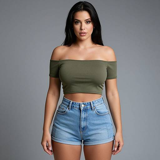 Photograph of a young woman with long black hair, wearing an off-shoulder olive green crop top and high-waisted light blue denim shorts