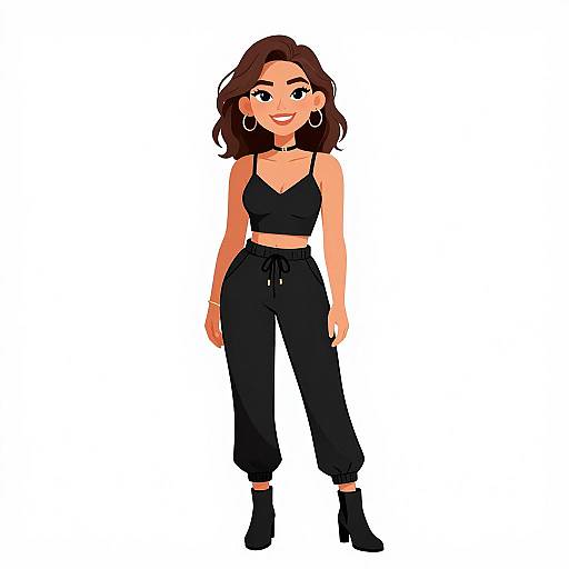 Digital illustration of a smiling woman with wavy brown hair, wearing a black crop top, high-waisted black pants, and black ankle boots,