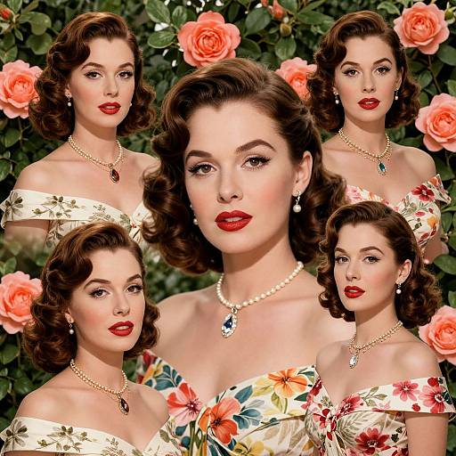 Photograph montage of a fair-skinned, red-lipped, vintage-styled woman with curly brown hair, wearing floral off-shoulder dresses and
