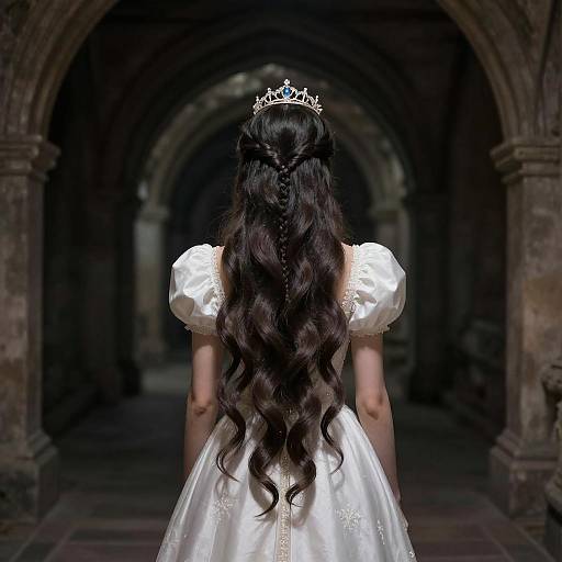 Woman in White Dress with Tiara in Dark Hallway