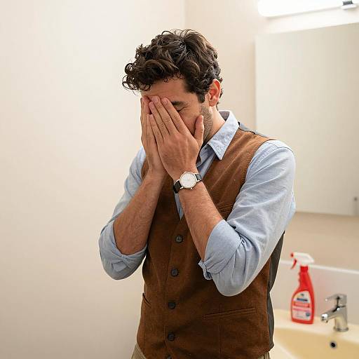 Man Covering Face in Bathroom