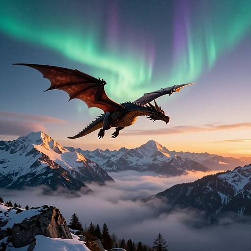 Photograph of a majestic, black dragon soaring over snow-capped mountains with vibrant green and purple auroras illuminating the twilight sky.