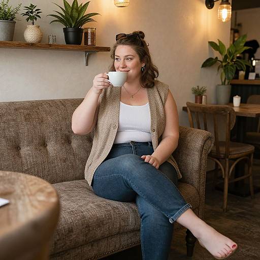 Photograph of a curvy, fair-skinned woman with brown hair in a bun, wearing a beige cardigan, white tank top, and jeans
