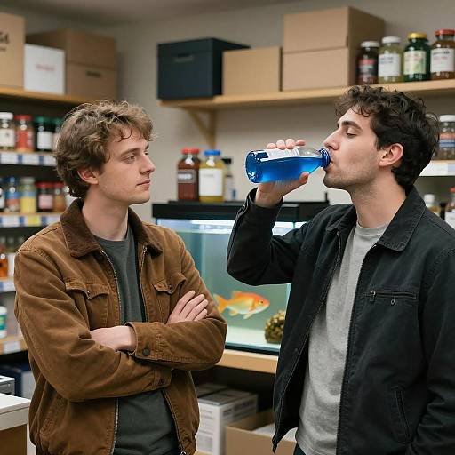 Two men in a store with blue drink and fish tank