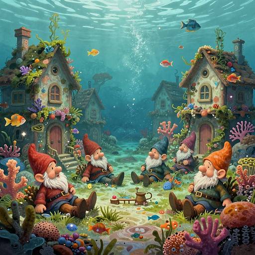 Whimsical underwater scene: three red-hatted gnomes with white beards, sitting between colorful coral houses, surrounded by fish, sunlight beams