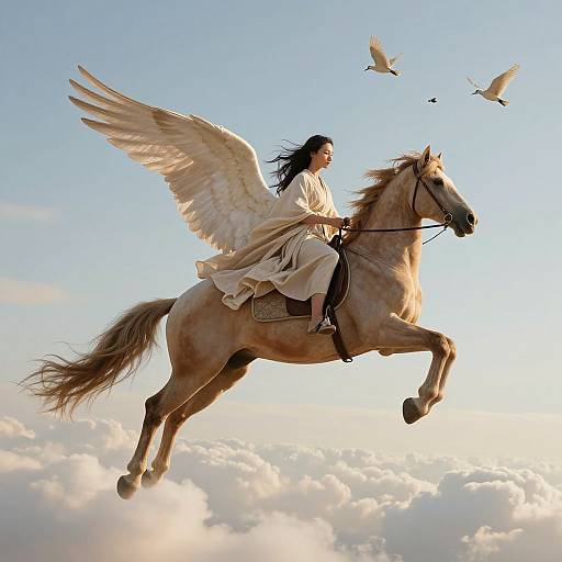 Photograph of a winged woman with long black hair, wearing a flowing beige dress, riding a golden horse with wings, soaring above fluffy clouds,