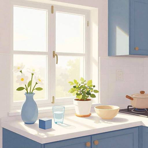 Sunlit Kitchen Window with Florals