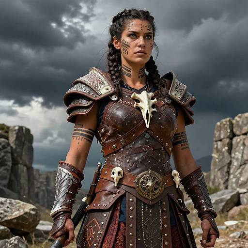 Photorealistic digital artwork of a fierce, dark-haired woman in medieval Viking armor with skull motifs, braided hair, and dramatic cloudy sky background.