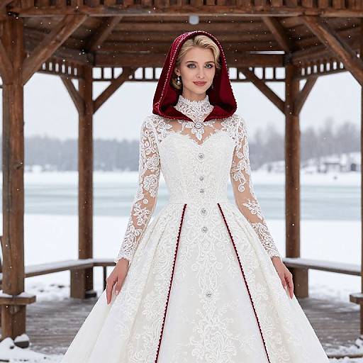 Photograph of a blonde woman in a white lace wedding dress with long sleeves and a maroon veil, standing under a wooden gazebo in snowy landscape