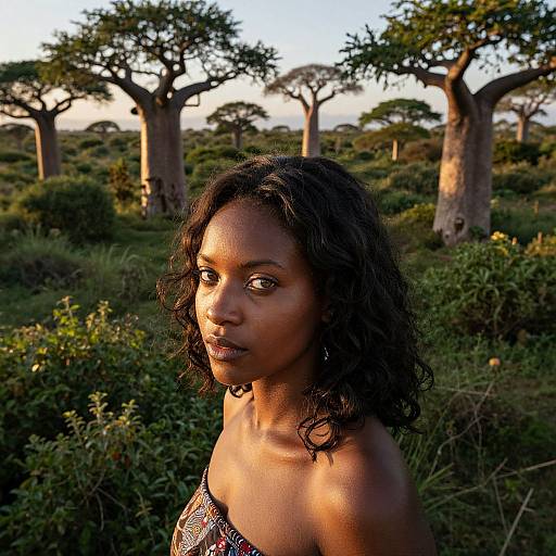 Photograph of a young African woman with dark skin and curly black hair, wearing a patterned top, standing in a sunlit savanna with tall