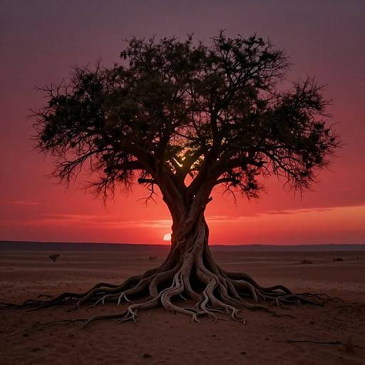 Surreal Desert Tree at Blood-Red Sunset