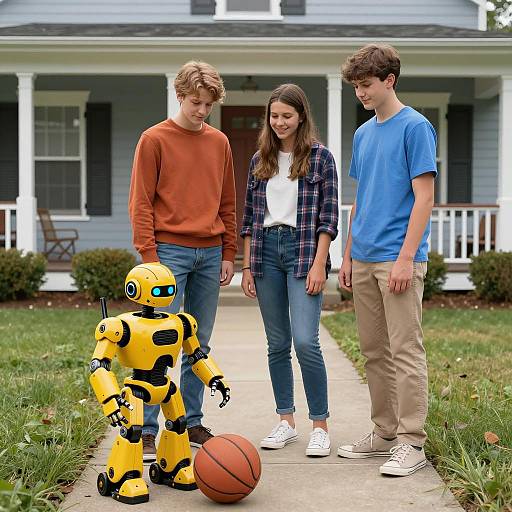 Teenagers and Robot by the House