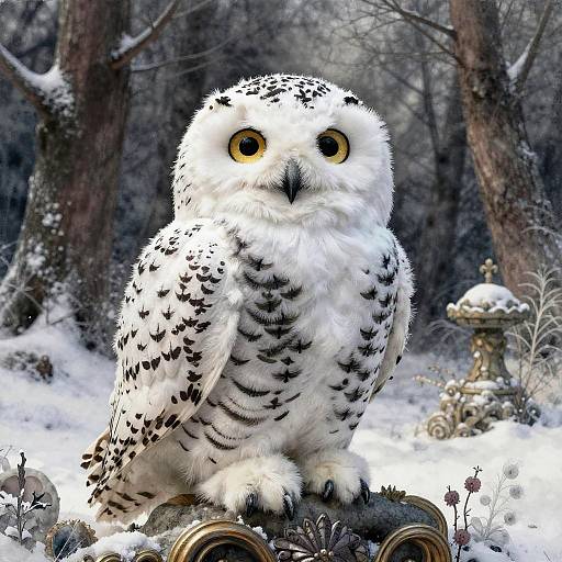 Photograph of a snowy forest featuring a large, white, spotted owl with yellow eyes, perched on a stone pedestal in the foreground.
