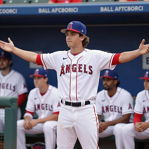 Baseball Player in Angels Uniform Stretching in Dugout