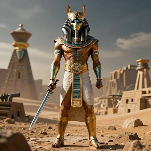 Digital art of an Egyptian Anubis figure, muscular, golden armor, striped headdress, white kilt, holding sword, standing in ancient desert