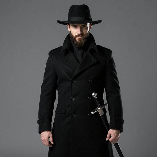 Bearded Man in Black Coat and Hat