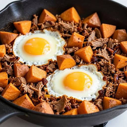 Photograph of two sunny-side-up eggs nestled among diced orange sweet potatoes and crispy, browned bits of cooked meat in a black skillet.
