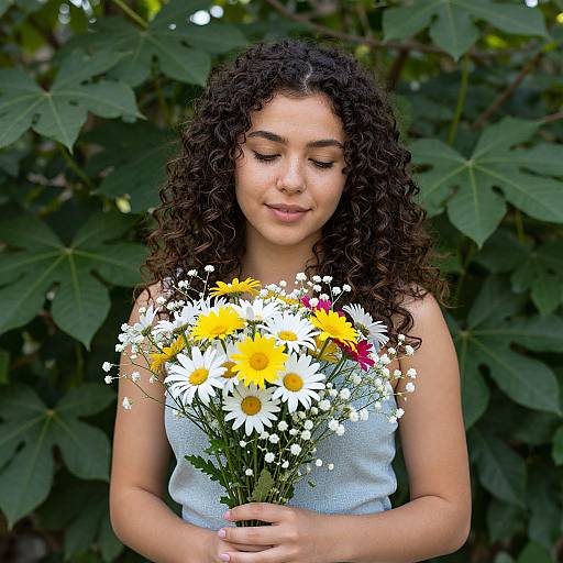 Photograph of a curly-haired woman with light brown skin, wearing a sleeveless white top, holding a bouquet of yellow and white daisies,