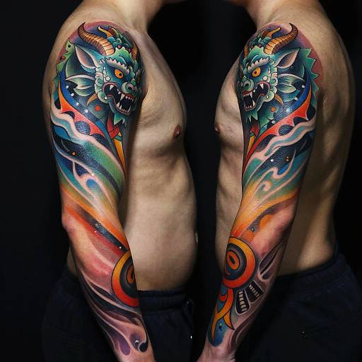 Vibrant Mythical Tribal Sleeve Tattoo