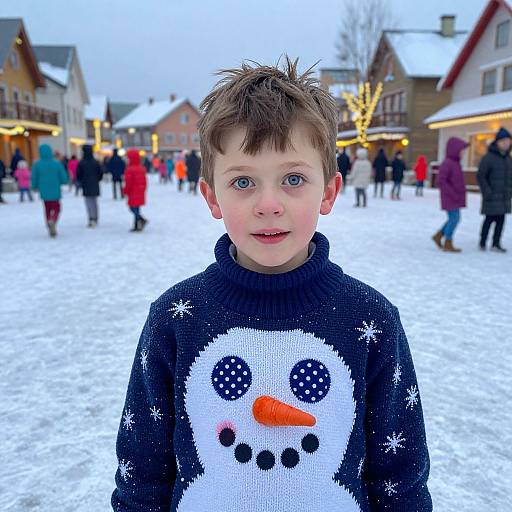 Photograph of a young boy with blue eyes, wearing a black knit sweater with a white snowman design, standing in a snowy town square with people