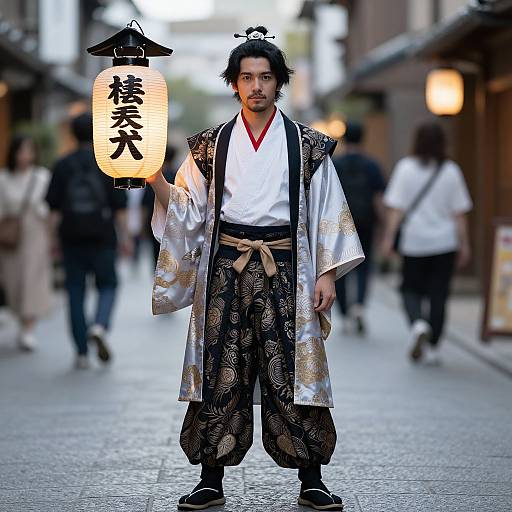 Photograph of an Asian man in traditional Japanese attire holding a glowing paper lantern, standing on a street with blurred pedestrians.