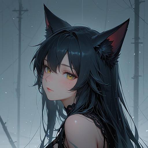 Anime Girl with Black Cat Ears