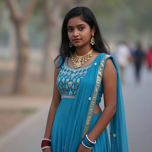 Photograph of a young Indian woman with long dark hair, wearing a blue saree adorned with gold embroidery, gold jewelry, and red bangles,