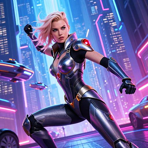 Digital art of a blonde, blue-eyed woman in a futuristic, metallic armored suit, crouching in a neon-lit, cyberpunk city street