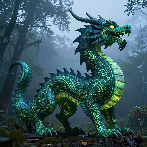 Digital art of a glowing, intricately patterned, green and blue dragon with yellow eyes, standing in a misty forest, showcasing detailed scales and