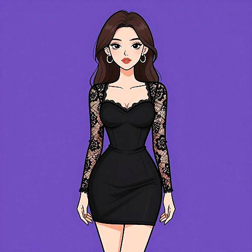 Digital illustration of a fair-skinned woman with long brown hair, wearing a black lace dress with long sleeves, hoop earrings, and red lipstick, against