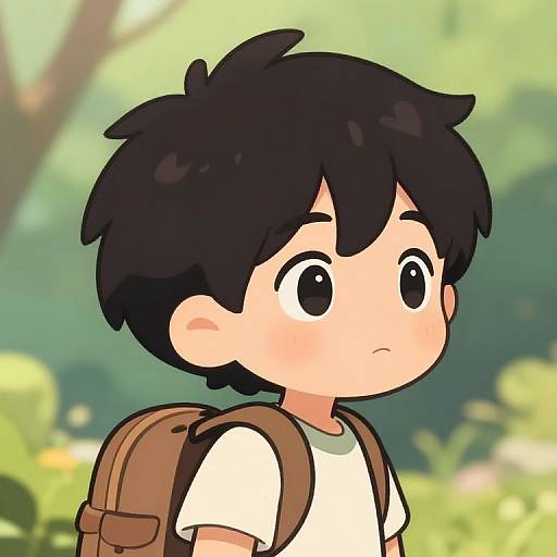 Digital anime-style drawing of a young boy with black hair, large eyes, wearing a white shirt and brown backpack, looking upward in a lush, green