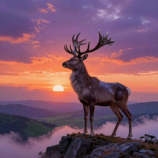 Photograph of a majestic deer with large antlers standing on a rocky cliff at sunset, with a vibrant purple and orange sky.