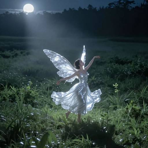 Photograph of a glowing fairy-like woman with translucent wings, illuminated by a full moon, dancing in a moonlit, grassy field.
