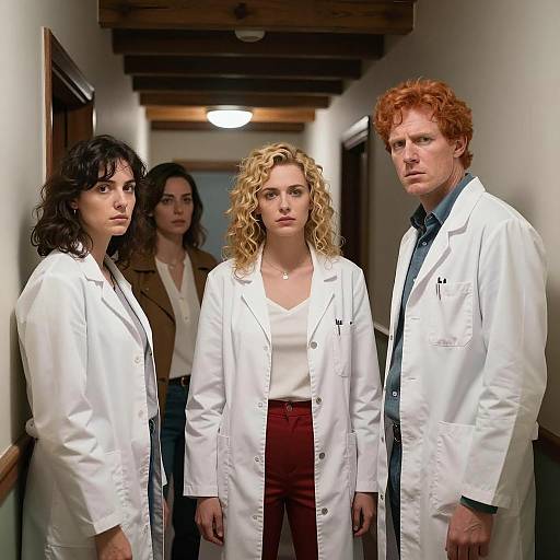 Intense Group Portrait in Dim Hallway