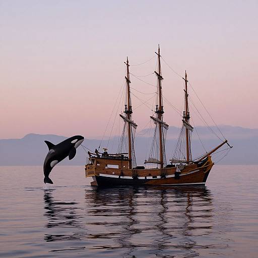 Photograph of a wooden ship with tall masts and a jumping orca whale against a pink-orange sunset sky over calm water.