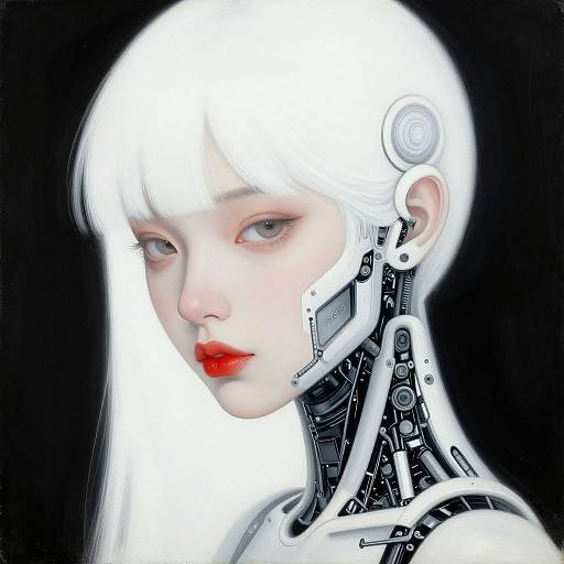 Digital artwork of a white-haired, pale-skinned, cybernetic woman with red lips and mechanical neck, set against a black background.