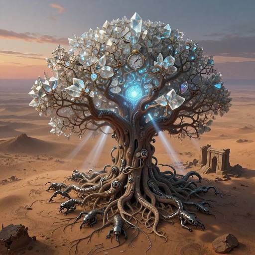 Digital art of a futuristic, glowing tree with crystalline branches, clock faces, and mechanical roots in a desert sunset. Ruins in background.