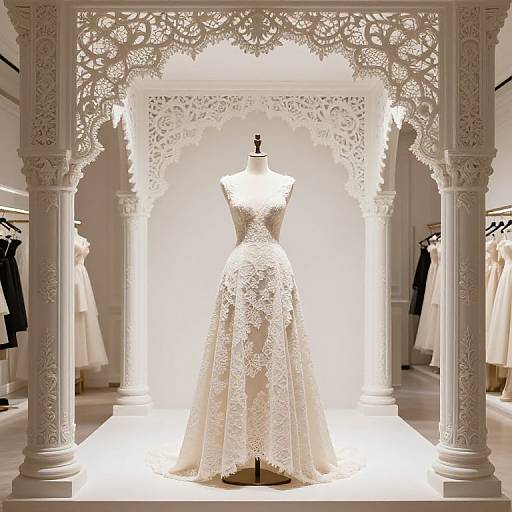 Photograph of an ornate, white lace wedding dress displayed on a mannequin under an intricately carved white archway in a brightly lit,