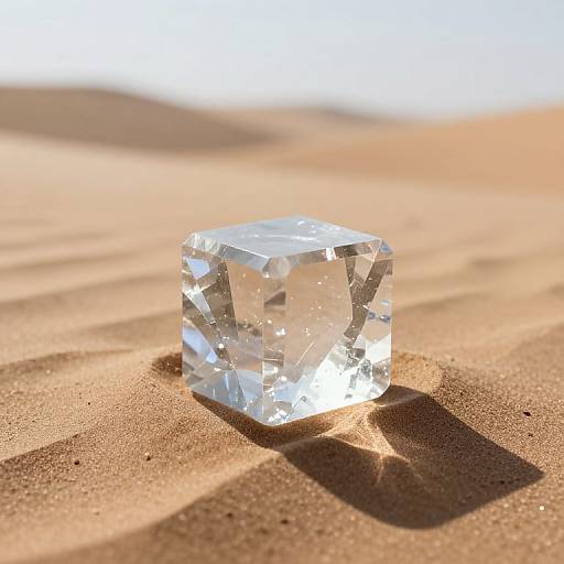 Photograph of a clear, faceted crystal cube resting on sunlit sand, casting sharp shadows, with a bright, blurred sky in the background.