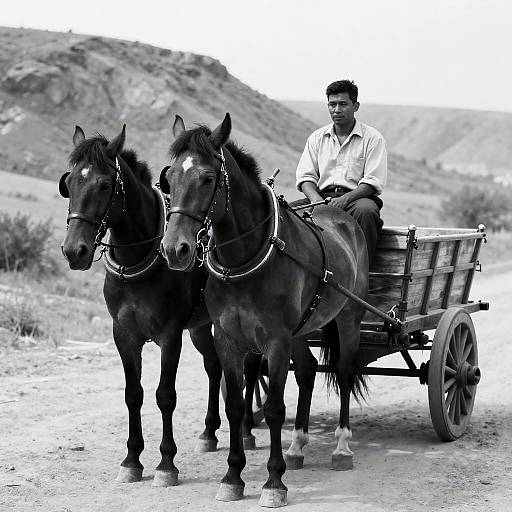 Man Driving Two Horses Pulling Wooden Cart