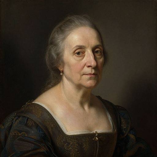 Photorealistic painting of an elderly white woman with gray hair, wearing a dark, patterned dress, and small gold earrings, against a dark background
