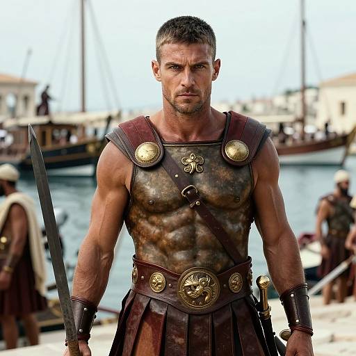 Photograph of a muscular, shirtless man with short brown hair, wearing a leather gladiator outfit, holding a sword, standing by a harbor with