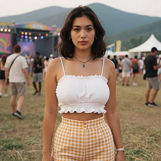 Photograph of a young woman with medium brown skin and dark wavy hair, wearing a white ruffled crop top and yellow checkered high-wa