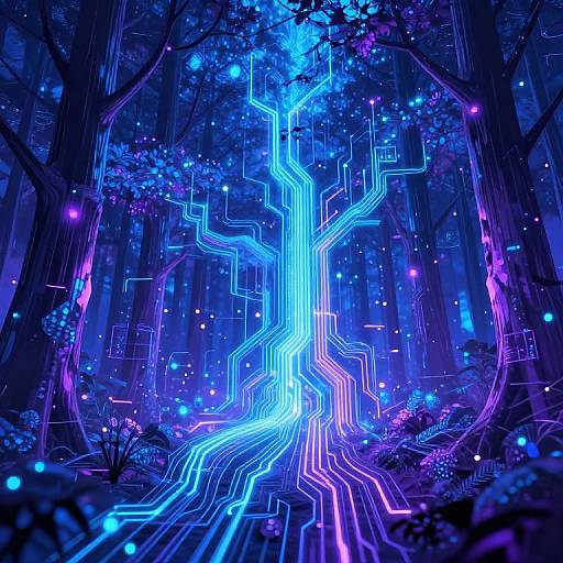 Digital artwork: Neon blue and purple glowing tree-like circuitry in a mystical forest with bioluminescent flowers and floating lights.