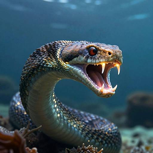 Photograph of a fierce underwater snake with open mouth, sharp fangs, and red eyes, displaying patterned scales against a blue ocean background.