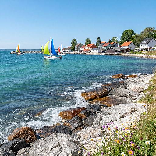 Bright photograph of a coastal scene with colorful sailboats, rocky shore, clear blue water, and red-roofed houses in the background.