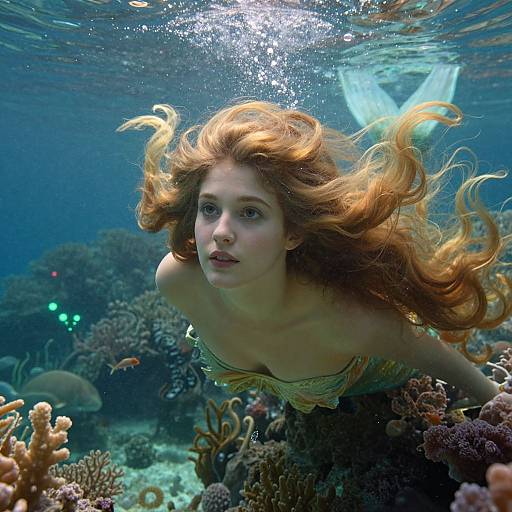 Photograph of a young, fair-skinned mermaid with long, flowing red hair swimming underwater amidst colorful coral reefs and a glowing fish.