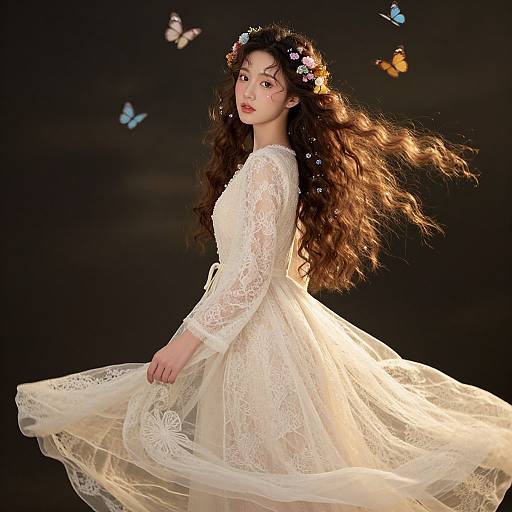 Photograph of an East Asian woman with long, wavy brown hair wearing a white lace dress and flower crown, surrounded by glowing butterflies against a dark